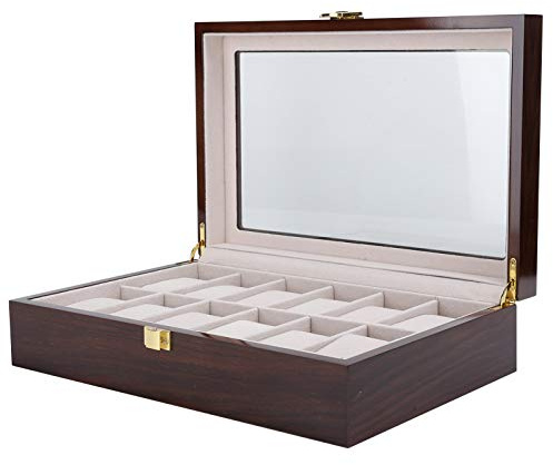 Uhrenbox mit 12 F?chern, Uhrenkasten mit Glasdeckel 12 Uhren, Uhrenbox Uhr Aufbewahrungs?box aus Massiv Holz mit Glas Vitrine und Metallverschl¨¹ss Uhren und Schmuck 31,2 x 20 x