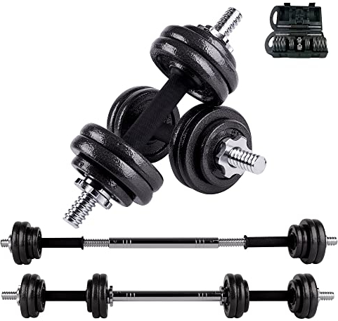 unycos - 2-in-1 Verstellbare Hanteln mit Übungs-E-Book, Gewichtsset mit Verbindungsstange und 15 kg Schweren Eisenplatten, Aufbewahrungskoffer, Heim-Fitnessstudio (Iron Transformer)