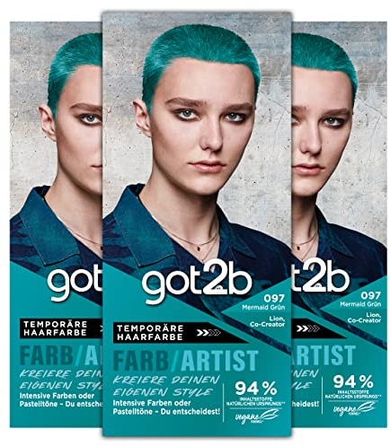 got2b Farb/Artist 097 Mermaid Grün Stufe 2 (3x 80 ml), temporäre Haarfarbe lässt Haare in intensiven Farben oder in Pastelltönen erstrahlen, Haartönung hält 12–15 Wäschen, vegane Formel