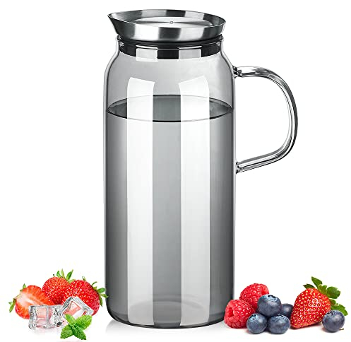 ecooe Jarra de Agua de Cristal 1,5 Litros Jarra de Vidrio con Tapa de Acero Inoxidable Jarra Agua Cristal Negro Borosilicatado Jarra de Vidrio para Agua Fría/Caliente, Zumo, Leche, Vino, Café, Té