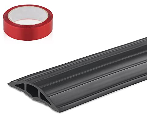 CPROSP Passe Câble Sol 4M, Passage Plancher Souple Noir, 3 Passages pour Câbles et Fils, Protecteur Couvre-Câble de Sol 400 cm x 6,4 cm, avec 2 Bande Adhésive Double Face de 500 * 3 cm