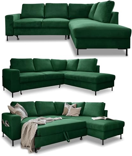MIUFORM Lofty Lilly, 6er Ecksofa mit Schlaffunktion, Rechts, Flaschengrün | Kord Sofa mit Schlaffunktion, Schlafsofa mit Bettkasten, Ecksofa L-Form, 237x197x84cm, Couch mit Schlaffunktion, Sofa Bed