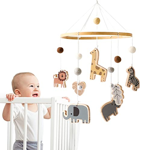 Promise Babe Mobile Campanas de viento de animales para bebés con bolas de fieltro Jirafa León Elefante Cebra Móvil Habitación de bebé Madera Crochet Móvil Niños Niñas Hipopótamo Campanas de cama Deco