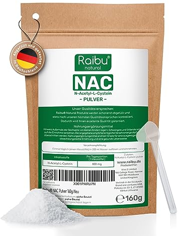 Raibu NAC Pulver 160g pro Beutel I 6 Monatsvorrat - NAC Acetyl-L-Cystein in hoher Bioverfügbarkeit I N-Acetyl-Cystein Pulver, rein und ohne Zusätze in Deutschland produziert