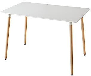 HJhomeheart Tavolo da pranzo rettangolare moderno con piano bianco, robusta struttura in metallo e gambe in legno di faggio, per la sala da pranzo dell'ufficio, 110 x 70 x 74 cm