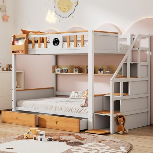 kubeier Etagenbett mit Stauraumtreppe und 2 Schubladen, Kinderbett Hochbett mit Rausfallschutz und Lattenrost, Kiefernholz Spielbett für Jungen & Mädchen, Ohne Matratze, Weiß+Natur, 90x200cm