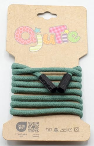 Kordelzug 5 mm rund mit Kordelenden – 1,15 m lang - fertig konfektioniert - für Hoodies, Jogginghosen, Jacken, Bekleidung, Nähzubehör, DIY Projekte – 34 Farben – Ersatz Kordel (Dark Dusty Mint)