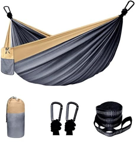Camping-Hängematte, doppelt, einzeln, tragbare Hängematte mit 2 Baumgurten und 2 Karabinern; Leichte Nylon-Fallschirm-Hängematten, Camping-Zubehör, Ausrüstung(Grey,Large)