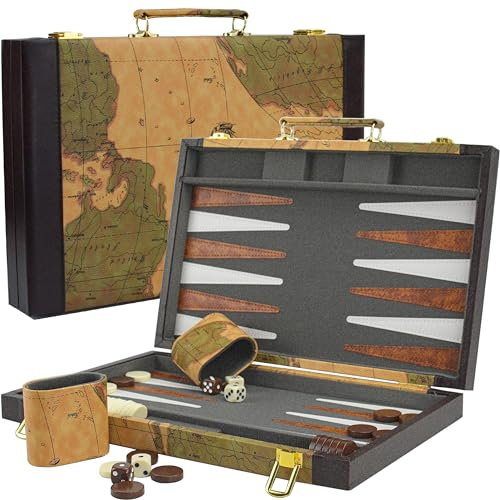 Backgammon - Set backgammon per adulti, in pelle, con mappa del mondo, 2 giocatori
