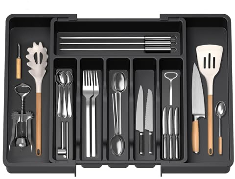 Plateau d'Ustensiles Extensible pour Tiroir,Range Couverts,Organisateur de Tiroir pour la Cuisine,Support de Rangement en Plastique pour Couverts, Cuillères, Fourchettes,etc,Noir