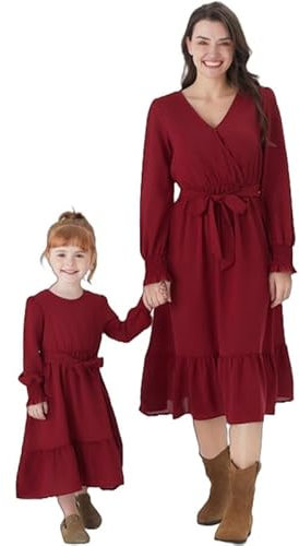 PATPAT Mutter Tochter Kleid Set Langarm Stitching Einfarbig Familienoutfits, Kleider für Mädchen Partnerlook, Mama Tochter Strandkleid, Mutter Baby Partnerlook, Weinrot Mädchen: 3-4 Jahre