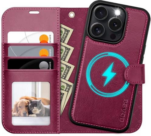 OCASE für iPhone 16 Pro Hülle (2in1) Leder Stoßfestes Case, Burgundy | Abnehmbare magnetische Hülle, Mit Handschlaufe, Kabelloses Laden, Kartenfach, Standfunktion, Handy RFID Schutzhülle