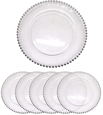 Trimming Shop 13-inch Clear Charger Plates with Silver Beaded Rim – Elegant Acrylic Plates for Wedding, Parties, and Table Decoration, Affordable Decorative Charger for Home & Event, Pack of 6