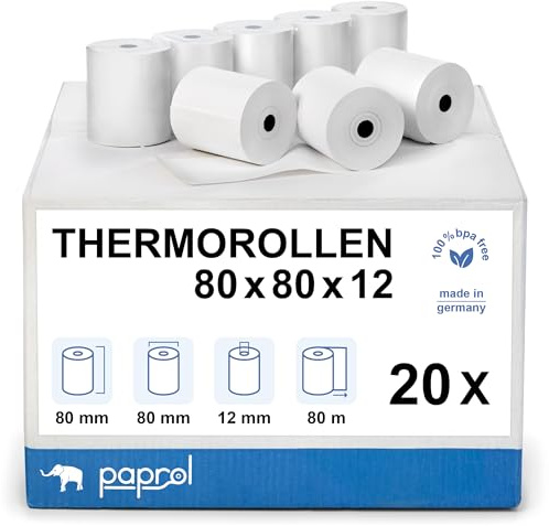 Paprol Thermorollen, 80 mm x 80 m x 12 mm, 20 Rollen | für Bondrucker, 80x80x12, Bonrollen, Kassenrollen für Bondrucker, Registrierkasse, Thermodrucker