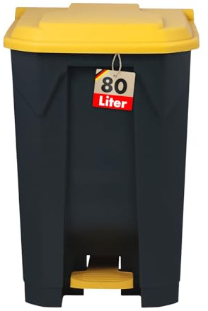 KARAT Poubelle avec couvercle hermétique et 2 poignets de transport en plastique pour usage intérieur extérieur, résistant aux intempéries, Idéal pour Jardin Restaurant (Jaune (Olaf), 80l)
