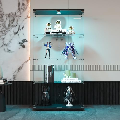 QMTXBYJ Glasvitrine mit LED-Beleuchtung, 164x81x37cm, Modern Vitrine mit 4 Regalen, 2 Türen Glas Vitrine Vitrinenschrank, Glasschrank Standvitrine aus Gehärtetes Glas und Holz, für Wohnzimmer