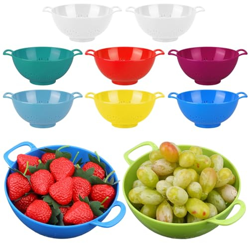 Confezione da 10 mini scolapasta in plastica, senza BPA, lavabile in lavastoviglie, con doppi manici per bacche, verdure, frutta, 8 colori