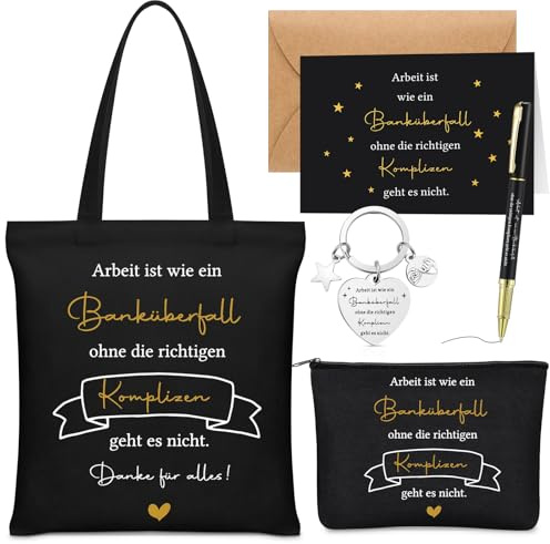 Xuniea 6 Pièces Cadeau d'Adieu Collègues Changement de Poste Sac de Transport Trousse à Maquillage Porte-Clés Stylo à Bille Carte Cadeau de Merci pour Noël Retraite(Arbeit ist wie ein Banküberfall)