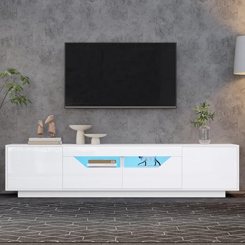 Meuble TV bas, 180 cm, blanc brillant, éclairage LED, pour TV jusqu'à 75, avec 2 tiroirs Push to Open, compartiments ouverts, buffet de salon