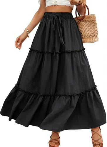 Vossmi Gonna Lunga Casual da Donna Gonne Donna Elegante Vita Alta Boho Floreale Skirt da Spiaggia A-Line Gonne Elastiche con Tasche Estiva Nero,S