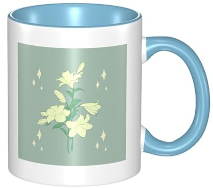 SMAZDFXX Cartoon White Lilies Printed Ceramic Sky Blue Mug with Curved Handle, Suitable for Office and Everyday Drinking.