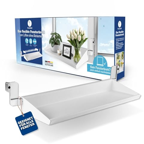frischluft Fensterbrett Flexible Fensterbank für fast alle Fenster | Lüften ohne Abräumen, ohne Bohren & Kleben, einfach einklemmen | Teleskop 55–86 cm für Fensterbreite 65–107 cm, bis 5 kg