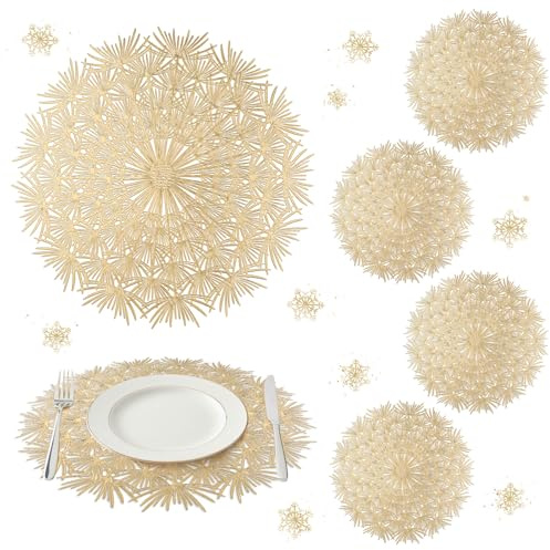 comfoyar Juego de 6 Manteles Individuales Oro Redondo en Forma de Diente León, Salvamanteles Individuales de Manteles Huecos Lavables Impermeables para Cocinas y Comedores Decoración para Fiestas 38cm