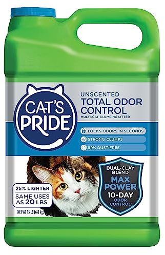 Cat's Pride Max Power: Total Odor Control - Up to 10 Days of Powerful Odor Control - Strong Clumping - Hypoallergenic - 99% Dust Free - Multi-Cat Litter, Unscented, 15 Pounds