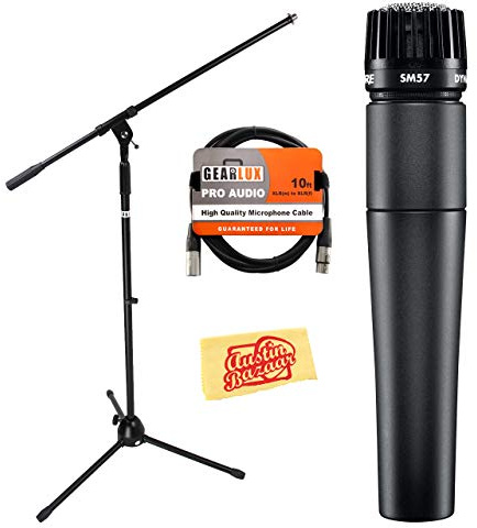 Shure SM57 Cardioide Dynamic Instrument Paquete de micrófono con soporte de pluma, cable XLR y parabrisas.