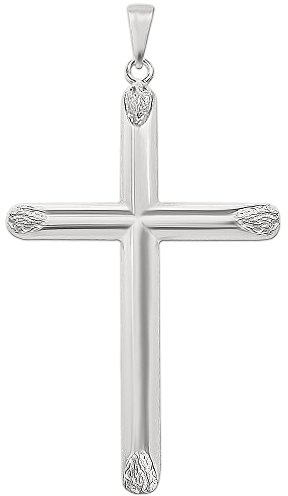 CLEVER SCHMUCK Silbernes Anhänger sehr großes Kreuz 54 mm halbrunde Balken glänzend, Enden abgeflacht gehämmertes Muster 925 Sterling Silber im Schmucketui (!OHNE Kette)