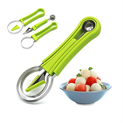 Melon Baller Scoop Set,Watermelon Scooper,4 In 1 Stainless Steel Fruit Carving Tools Set,Watermelon Slicer Ice Cream Baller,Fruit Cutters Seed Remover,Perfect Tools for Making Fruit Shapes(4 In 1)