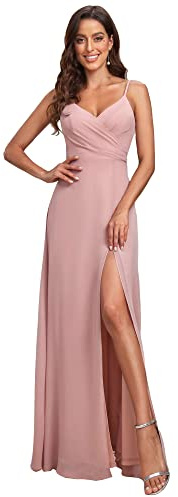 Ever-Pretty Women's Summer Backless Chiffon Bridesmaid Dresses Spaghetti Straps V-Neck Slit Long Formal Wedding Guest Dress Dusty Rose US4