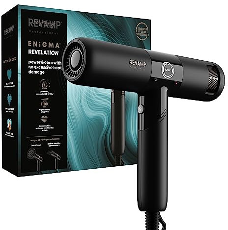 REVAMP Enigma Revelation Ionic Portable Hair Dryer, Brushless Motor for Quiet, Powerful, Fast Drying - Lightweight Blow Dryer, Cold Setting - 3 Magnetic Attachments for Salon Professional Styling