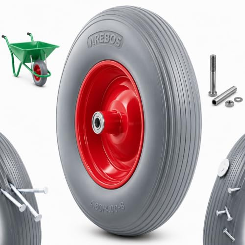Arebos Schubkarrenrad aus pannensicherem PU Vollgummi Tragkraft 200 kg | Reifen mit Stahlfelge | 4.80/4.00-8 | Ersatzrad Gummirad mit Achse | Schubkarren Rad | Durchmesser 390 mm | Grau