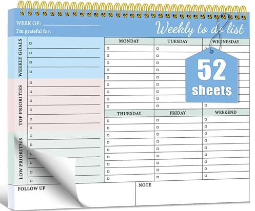 Bloc de Planification Hebdomadaire, Bloc Liste à Faire Non Daté 52 Feuilles, 21.6 x 28 CM To Do List Bloc Note D'Organisation Suivi des Habitudes, Planning Semaine pour Travail, Rendez-vous, Horaire