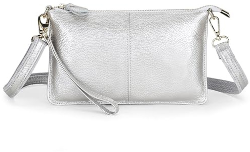 SODOLLEE Geldbörse Damen Handy Umhängetasche Echte Leder Handytasche Frauen Kleine Schultertasche Clutch Portemonnaie für Dating Einkaufen Silber