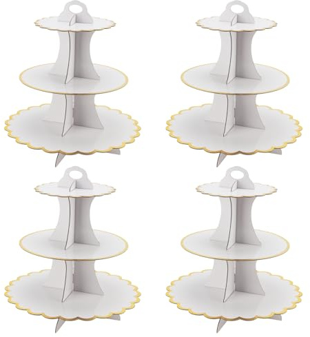 MAHIONG 4 Pack White Cupcake Stand, 3 Tier Cardboard Cupcake Stand, Afternoon Tea Stands, Cardboard Cake Stands for Weddings, Birthdays, and Christmas