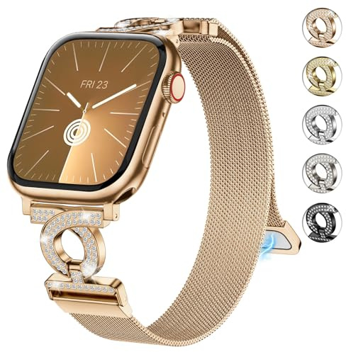 wutwuk Smalt nätband i rostfritt stål för Apple Watch, 44, 45, 46, 49 mm, glittrigt, magnetisk milanesiskt loop-armband för kvinnor, för iWatch 10/9/8/7/6/5/4/3/2/1/SE/Ultra, roséguld