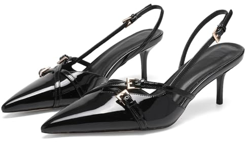 VOLEECE Slingback Kitten Heels for Women Pointed Closed Toe Patent Leather Buckle Strap Pumps Comfortable Party Dress Shoes Glossy Black
