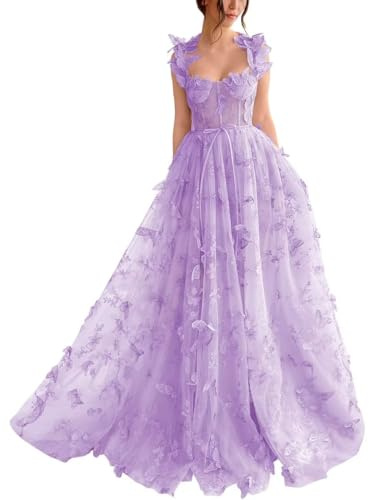 Generico Abiti da Ballo in Tulle da Donna Abito da Ballo Lungo con Applicazioni in Pizzo Abito da Sera Formale con Farfalla A Linea 3D con Spacco Lavender XS