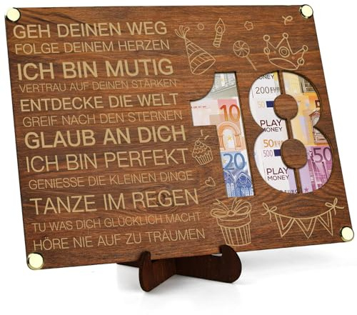 Inspirierende Geldgeschenke zum 18. Geburtstag Holz mit Karte, Motivationsgeschenke für Mann und Frau, 18. Geburtstag Geschenkverpackung mit Sprüchen Positiv