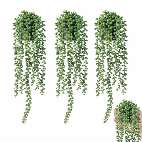 Fake Artificial Hanging Plant 3Pcs Fake Potted String of Pearls Succulent Plants Green Small Faux Plant Fake Plants Fake Ivy With Pots, for Home Indoor Outdoor Shelf Wall Table Decor