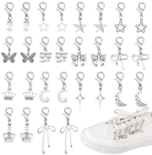 PH PandaHall 28 Stück Charm Anhänger Zum Anklipsen Schuhe Dekoration Charms 14 Stile Antik Silber Stern Schleife Schuh Charms Mit Karabinerverschluss Für Sneaker Schmuckherstellung
