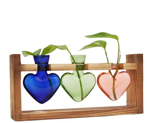 Glas-Terrarien für Pflanzen – Pflanzen-Terrarium in Herzform Glasvase | Blumenvase mit Holzständer, Tisch-Pflanzgefäß für Hydrokultur, Heimdekoration, Gartendekoration