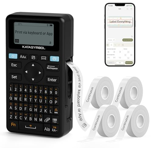 SUPVAN E11 Bluetooth Label Maker Machine with 4 Tapes, Support Keyboard & App with 30+ Fonts and 660+ Icons, Rechargeable Inkless Labeler for Home, Kitchen, Office, School Organization, Black
