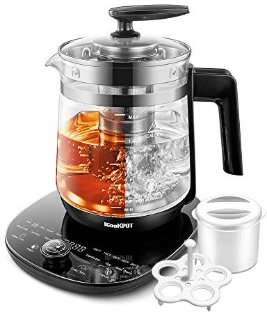 ICOOKPOT Electric Tea Kettle – 2L Stainless Steel, Temp & Programmable Control, Glass Body with Tea Infuser |Coffee | Includes Egg Cooker & Yogurt Box – Black