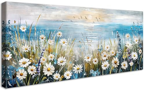 Cadre en Bois Impression sur Toile Peinture Lever de Soleil Fleurs en Bord de Mer Tableau Affiche Océan Bleu Mer de Florale Image sur Toile Grandes Tableau Decoration Murale Salon Chambre 50x120cm