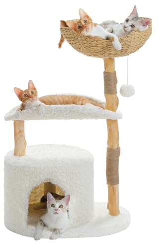 PETEPELA Arbre à Chat en Bois avec Poteaux Poirier Naturel, Panier Tissé XXL, Grand Condo & Plateforme Courbée 50 cm, Arbre Griffoir Design Élégant et Durable pour Intérieur, 97 cm, Blanc