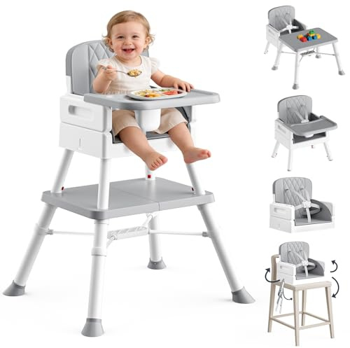 COOSEYA Seggiolone Pappa, Seggiolone 6 in 1 con Imbracatura a 5 Punti e Vassoio per Pasti Rimovibile, Progettato per Bambini dai 6M - 3 Anni, Grigio