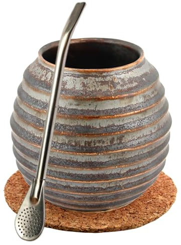 Mate Green Yerba Mate-Tee Set - Keramik Mate Becher Rustic Hematyt 400ml - Edeltahl trinkhalm Bombilla 19cm - Handgemachte Keramik Kalebasse - Matetee keramik tasse - Korkpad